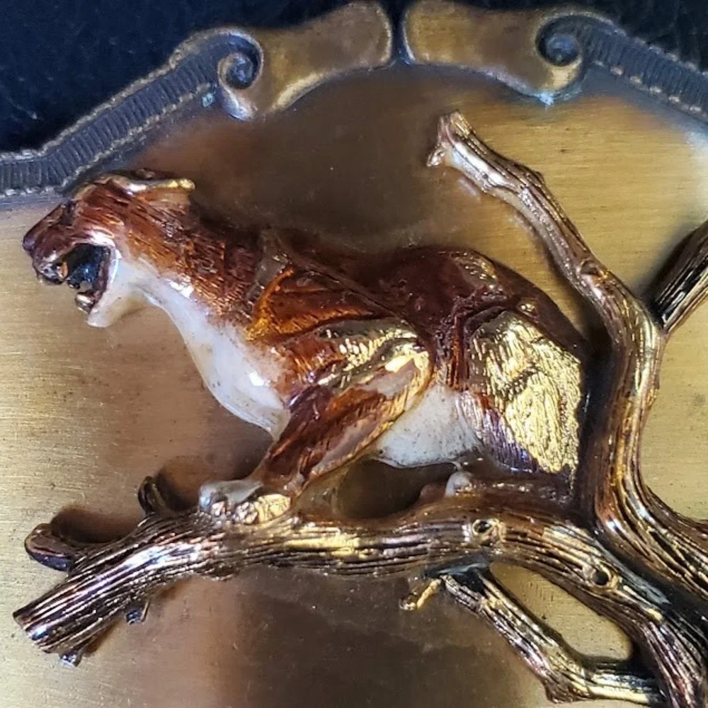 RAINTREE Vintage Cougar on Branch Belt Buckle Western Wildlife Gold Tone USA